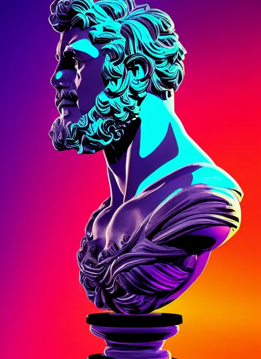 Image similar to bust of hercules, beeple, android jones, vaporwave, retrowave, black background, neon wiring, black, glitch, strong contrast, cuts, pinterest, trending on artstation