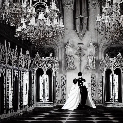 Image similar to A wide-angle, full-shot, colourful black-and-white Russian and Japanese historical fantasy portrait taken within the royal wedding cathedral in 1907 that was inspired by an enchanted ethereal forest was photographed by the event's official photographer.