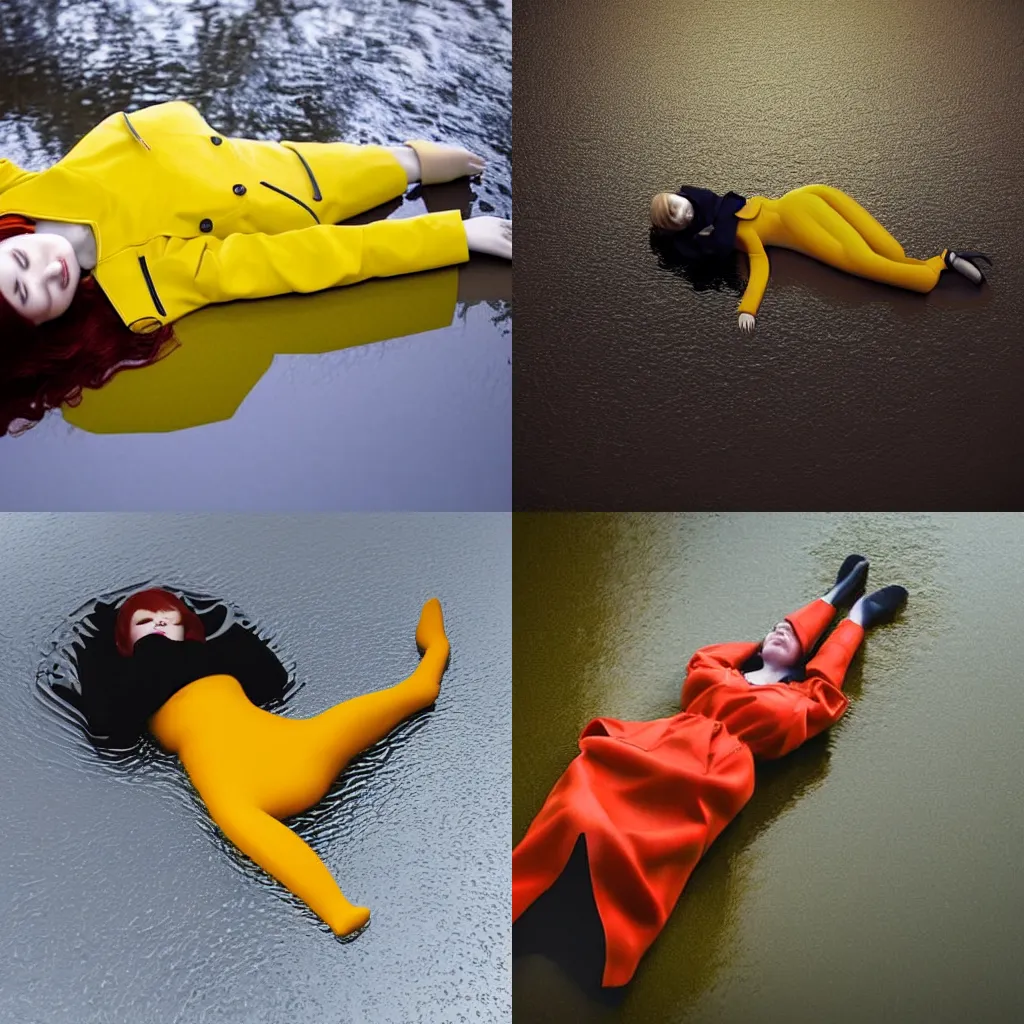 Prompt: 1:3 composition, high angle perspective,portrait of a red haired girl in a yellow raincoat, lying on her back in puddles of water on a dark surface, photorealistic, detailed, 3d render —height 1024