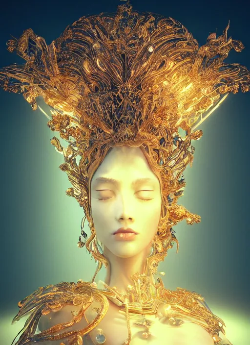 Prompt: beauteous sumptuous goddess, crystal, gold, copper, bronze biomechanical with incredible iridescent pearlescent voluminous fluorescent neon indirect soft glow cinematic lighting, crystalline masterpiece incrustations, hyperdetailed features, movie still, intricate, octane render, cinematic forest lighting, unreal engine, crepuscular rays, god rays