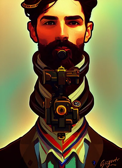 Prompt: oil portrait of the pilot from enter the gungeon, intricate, elegant, highly detailed, lighting, painting, artstation, smooth, illustration, art by greg rutowski and alphonse mucha