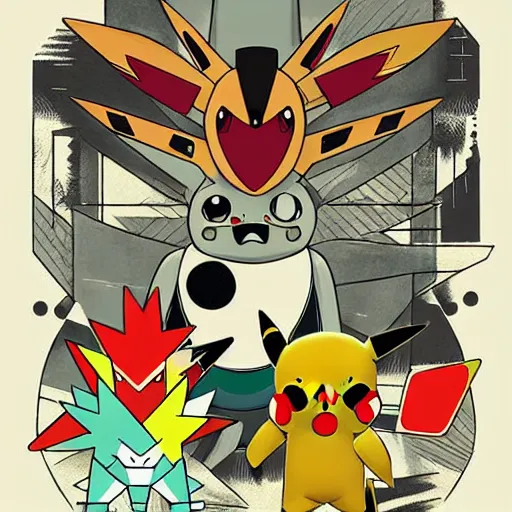 Image similar to bauhaus pokemon gouache illustration hip hop album cover art drawn by left hand, conceptual mystery pokemon, intricate detailed painting, illustration sharp detail, manga 1 9 9 0