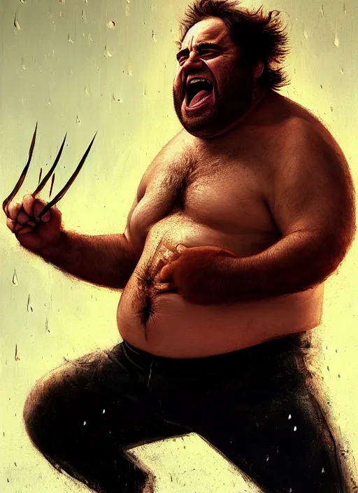 Image similar to Portrait of Fat Danny Devito with his belly sticking out as The Wolverine (2013), Hes screaming at the rain in the middle of the night road, realistic, detailed, 4k by Greg Rutkowski Mark Arian trending on artstation