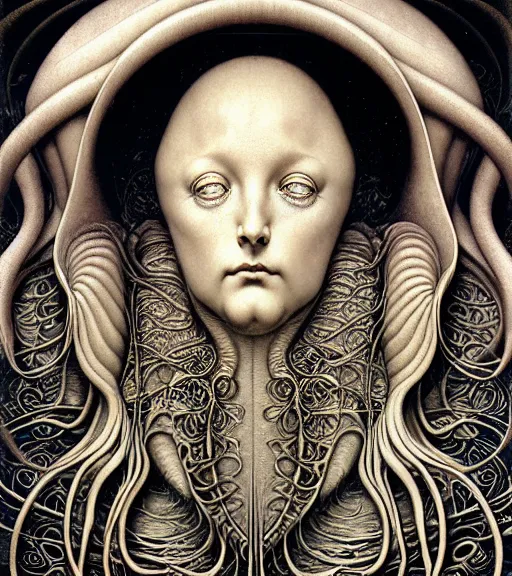 Image similar to detailed realistic beautiful nautilus goddess face portrait by jean delville, gustave dore, iris van herpen and marco mazzoni, art forms of nature by ernst haeckel, art nouveau, symbolist, visionary, gothic, neo - gothic, pre - raphaelite, fractal lace, intricate alien botanicals, biodiversity, surreality, hyperdetailed ultrasharp octane render