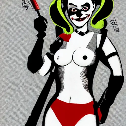 Image similar to Harley Quinn, artwork by Jamie Hewlett,