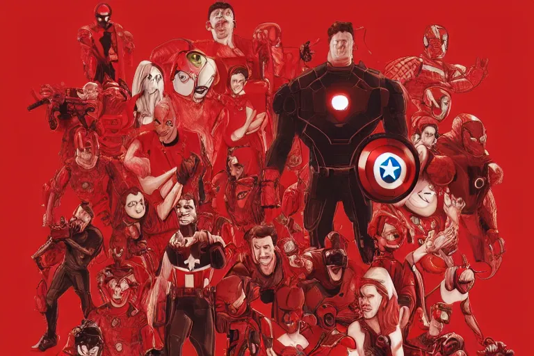 Image similar to red themed mashup with movie characters, marvel, disney, indie, highly detailed, featured on artstation, highly detailed, abstract