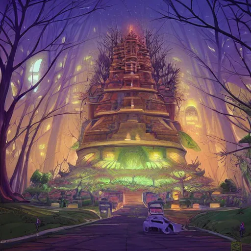 Prompt: street view of gigantic forest temple city at night by cyril rolando and naomi okubo and dan mumford and ricardo bofill