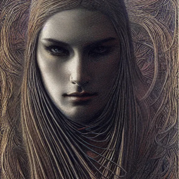 Prompt: a highly detailed portrait in the style of jean delville and in the style of gerald brom.