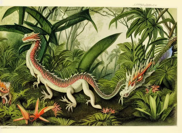 Image similar to dragons in a tropical forest, john james audubon, vintage botanical, intaglio
