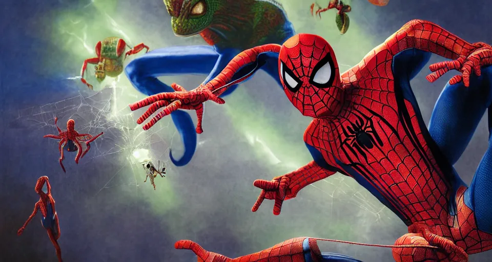 Image similar to tobey maguire's spider - man vs anthropomorphic lizard, reptile, creepy poster, alex ross art, air brush, oil paint, radiant light, caustics, heroic, bright iridescent light, cinematic shot, high quality, very epic, ultra detailed, 8 k.