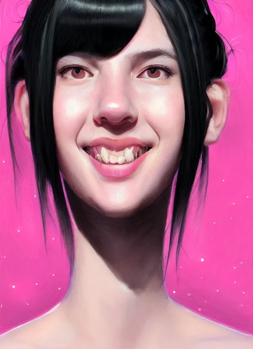 Image similar to portrait of high school girl, realistic, black hair, bangs, half updo hairstyle, pointy nose, skinny, smile, ugly, defined jawline, big chin, pink hair bow, earrings, intricate, elegant, glowing lights, highly detailed, digital painting, artstation, sharp focus, illustration, art by wlop, mars ravelo and greg rutkowski