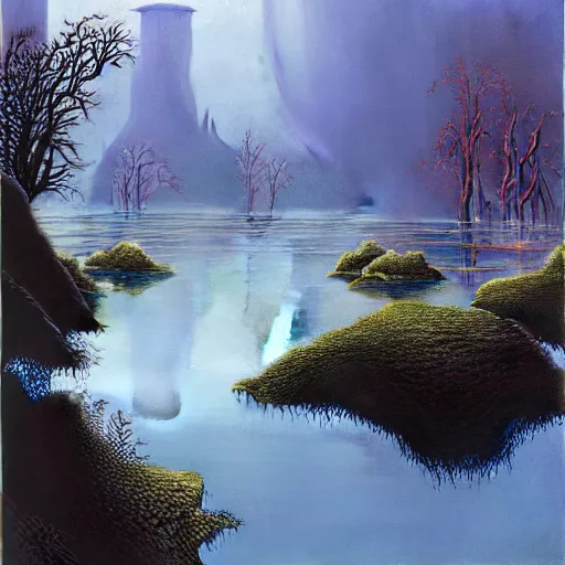 Prompt: ominous shale and ruddy steel arborocity half - submerged in the sipsey river, by michael whelan and by angus mcbride and by ted nasmith, 3 2 k huhd