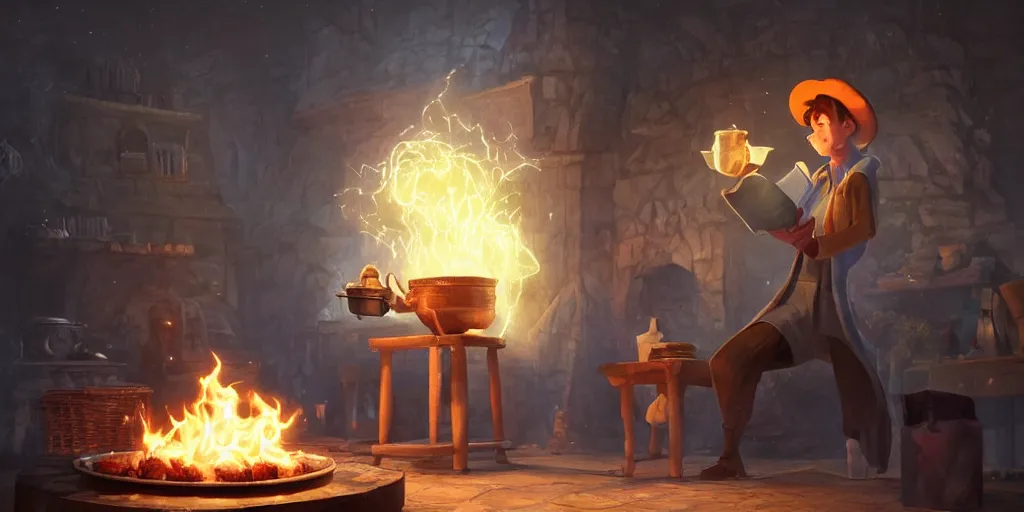Prompt: a wholesome animation key shot of wizard with a hat coocking the magical brew that emmits sparklings in pot at fireplace, medium shot, pixar and disney animation, sharp, rendered in unreal engine 5, anime key art by greg rutkowski, bloom, dramatic lighting