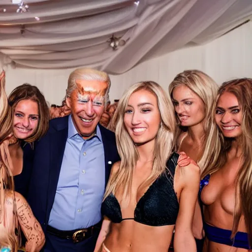 Prompt: 4 k portrait sony a 7 f 2. 8 of president joe biden as a taliban leader surrounded by beautiful dancing instagram swimsuit model women worshipping him with cocktail bar lighting
