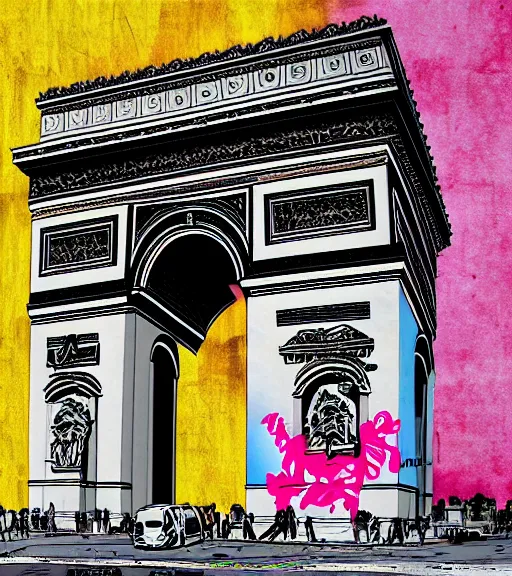 Prompt: photorealistic, photoshop, arc de triomphe full of graffiti