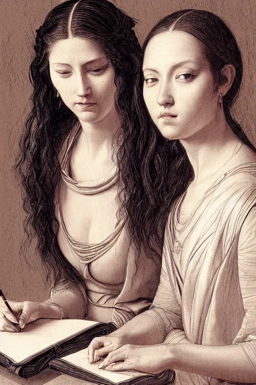 Image similar to portrait of two wise and very beautiful women reviewing some texts, art by tiziano, intricate, elegant, highly detailed, smooth, sharp focus, artstation