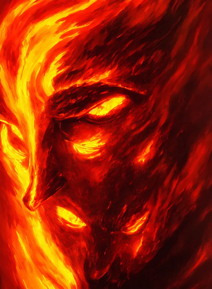 Prompt: a face portrait of a fire elemental from skyrim, fantasy setting, explosive fiery face, dim colors, soft lighting, atmospheric, cinematic, moody, in the style of diego koi, gina heyer, luiz escanuela, art by alyssa monk, hyperrealism, rule of thirds, golden ratio, oil on canvas, 8 k