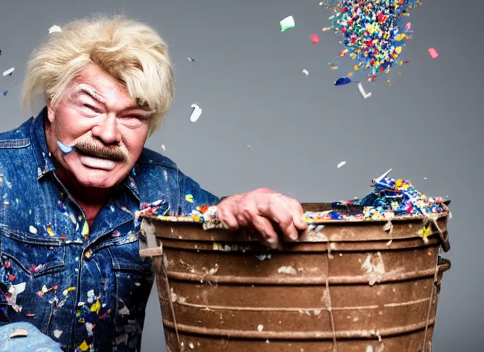 Prompt: photo still of rip taylor at a drug bust!!!!!!!! at age 5 4 years old 5 4 years of age!!!!!!! throwing confetti from a bucket, 8 k, 8 5 mm f 1. 8, studio lighting, rim light, right side key light
