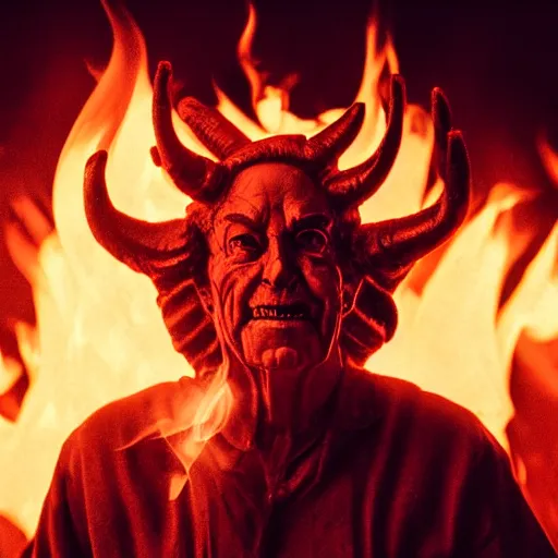 Prompt: The Devil with the head of Rupert Murdoch and the face of Rupert Murdoch standing in front of his satanic army in hell, Rupert Murdoch, photo realistic, 35mm photograph, fire and flames and smoke, depth of field