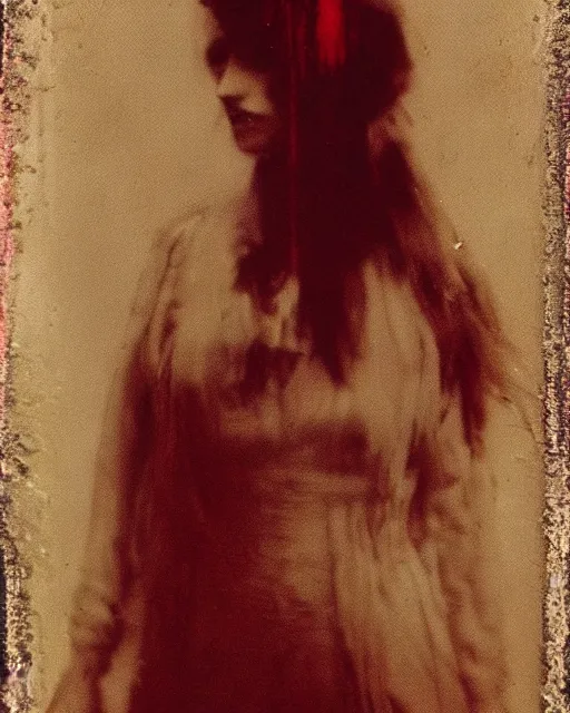 Image similar to an instant photo of a beautiful but sinister woman in layers of fear, with haunted eyes and matted blonde hair, 1 9 7 0 s, seventies, delicate embellishments, a little blood, crimson, painterly, offset printing technique, mary jane ansell