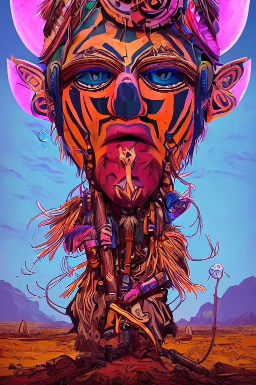 Prompt: viktor orban totem animal tribal chaman vodoo mask feather gemstone plant wood rock video game illustration vivid color borderlands by josan gonzales and dan mumford radiating a glowing aura