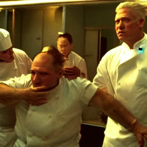 Image similar to wide scenic shot from the scene from the David Lynch production of Godzilla where the conjoined chefs cook. The chefs are conjoined at the head and neck, they share one head. Cinematic, VHS copy, film grain, 35mm film.