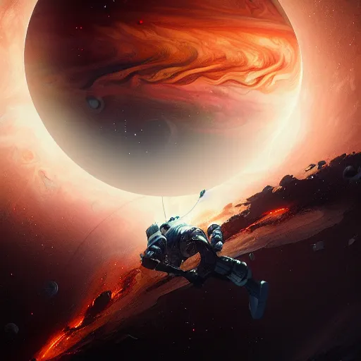 Prompt: burning astronaut falling through the majestic clouds of jupiter, by cedric peyravernay and feng zhu, highly detailed, excellent composition, cinematic concept art, dramatic lighting, trending on artstation