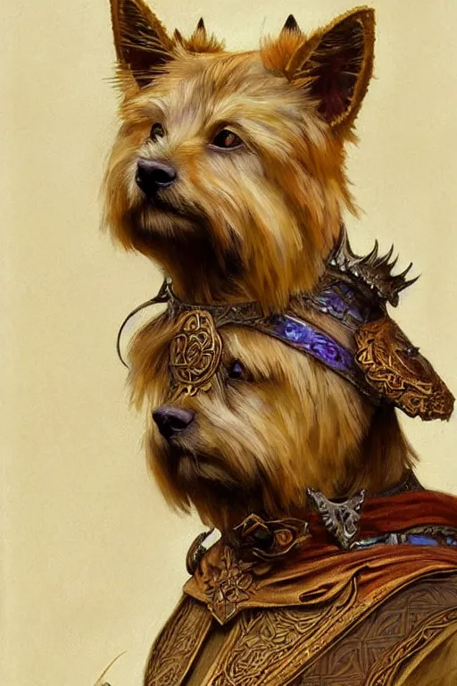 Prompt: norwich terrier as an Viking warrior, fantasy, intricate, elegant, highly detailed, digital painting, artstation, concept art, smooth, sharp focus, illustration, art by alphonse mucha