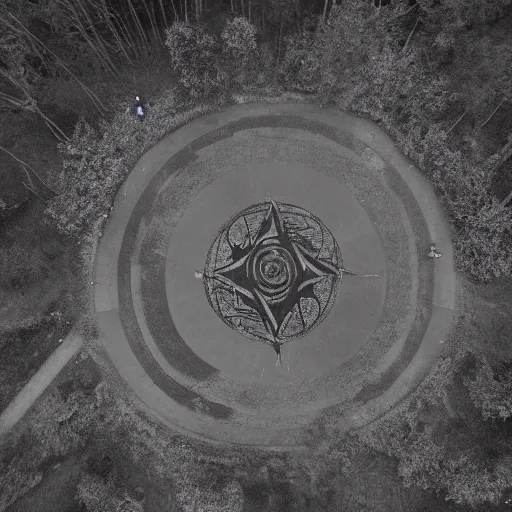 Image similar to shot from drone, real life, summoning, ritual, by greg rutkowksi