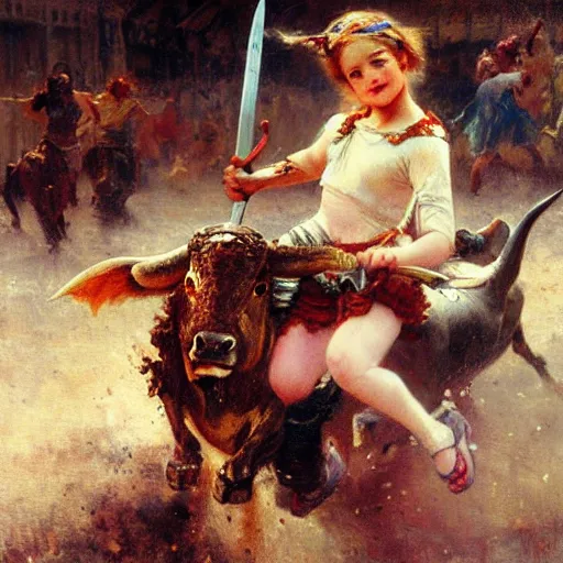 Prompt: a young girl defeating a bull with a sword, blood is splattering, highly detailed painting by gaston bussiere and j. c. leyendecker 8 k