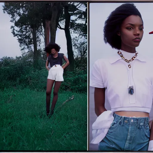 Image similar to realistic! photoshoot for a new chanel lookbook, color film photography, portrait of a beautiful woman, location outdoor, in style of tyler mitchell, 35mm