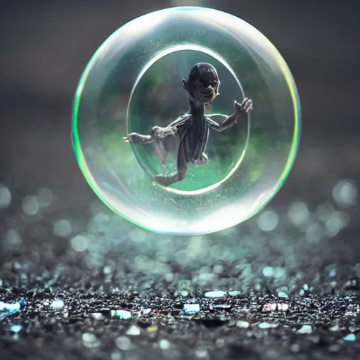 Image similar to a soap bubble containing gollum. Award winning photography, trending on