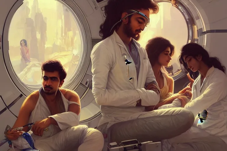 Image similar to Sensual good looking pale young Indian doctors wearing jeans asleep in a space station above Earth performing surgery, portrait, elegant, intricate, digital painting, artstation, concept art, smooth, sharp focus, illustration, art by artgerm and greg rutkowski and alphonse mucha