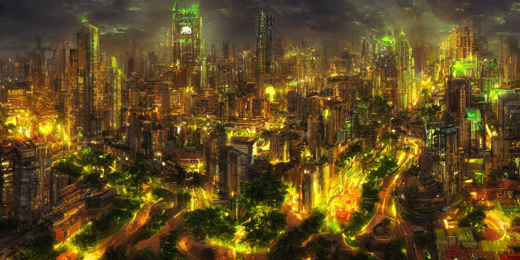 Prompt: Legendary Biringan city at night with tall gilded towers, green lights, populated by Filipino mythological creatures, concept art, artstation