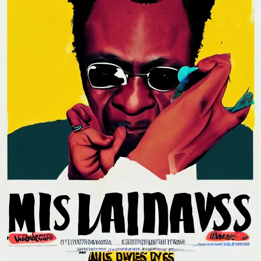 Prompt: miles davis in the style of daniel johnston and ghanian film poster, 4k