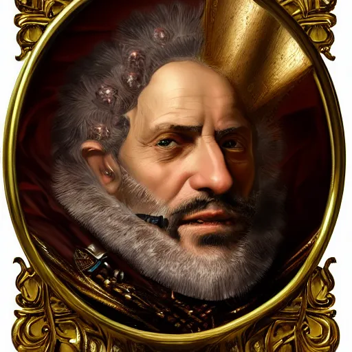 Image similar to portrait headshot digital painting of a old 17th century old cyborg merchant amber jewels baroque ornate clothing scifi hyper realistic