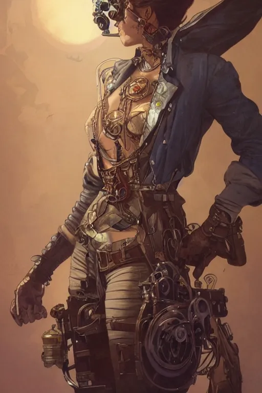 Image similar to steampunk half - cyborg, western gunslinger, smooth, sharp focus, illustration, highly detailed, digital painting, artstation, concept art, by disney animation, rossdraws, alphonse mucha, frank fanzzeta, collectible card art