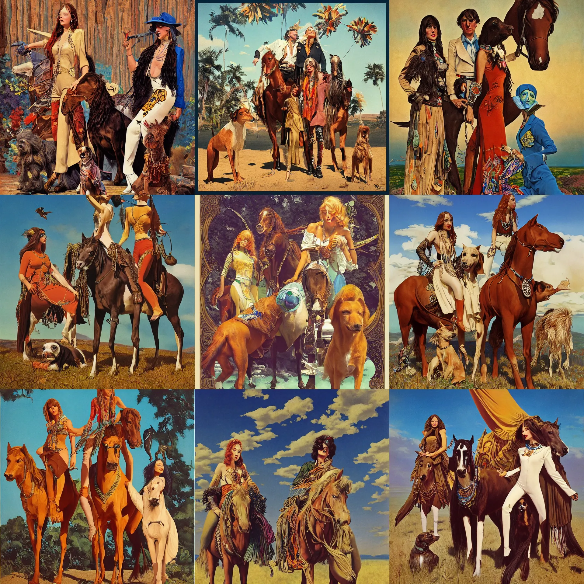 Image similar to pulp art, artwork by Joseph Leyendecker and Robert McGinnis and Alfred Henry Maurer, 3d octane blender render, Hippie and boho fashion 1970s, horses, dogs, birds, progressive rock album cover