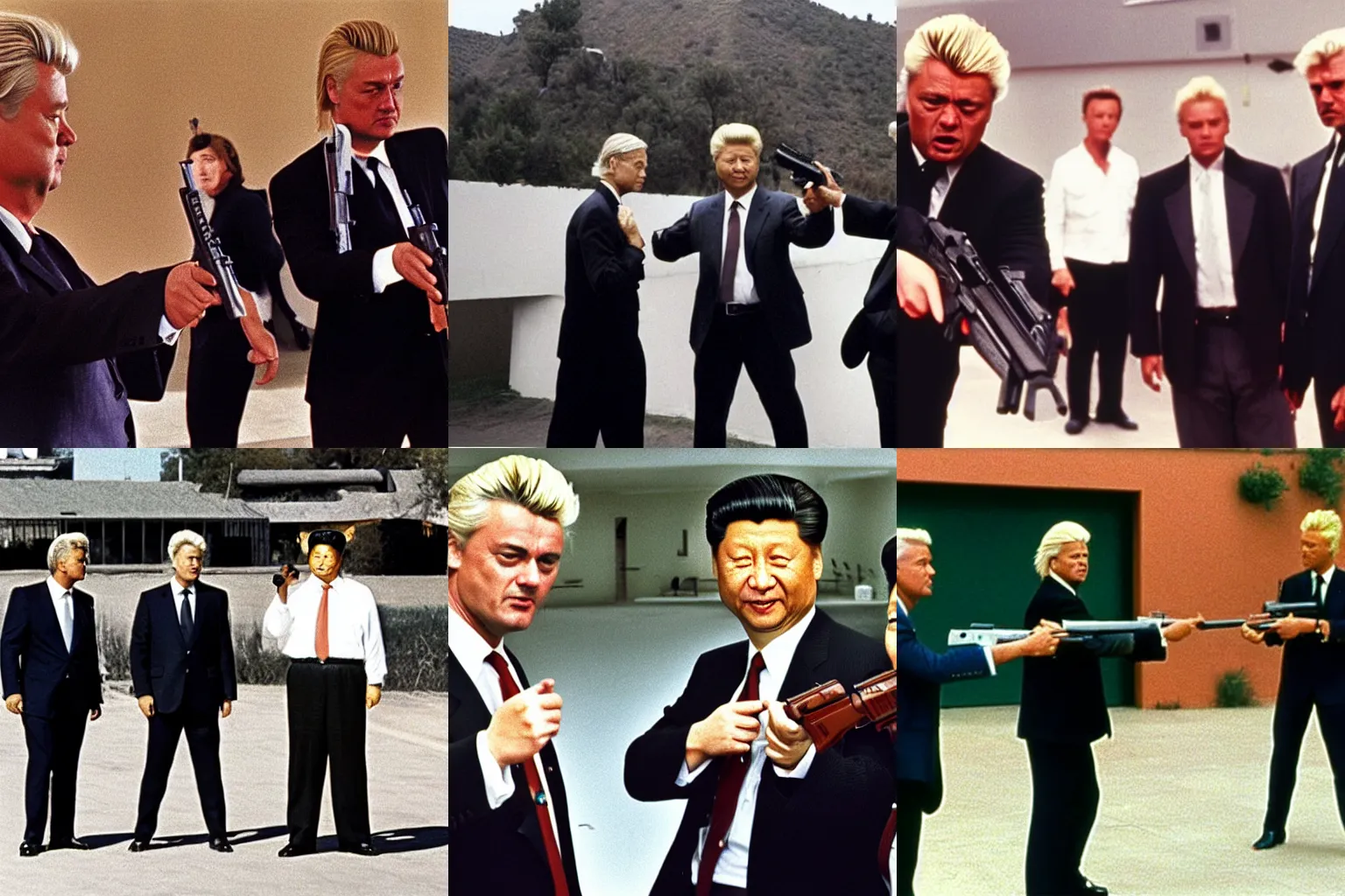 Prompt: angela merkel, geert wilders and xi jingping pointing guns at each other, mexican standoff, cinematic shot, reservoir dogs 1 9 9 2