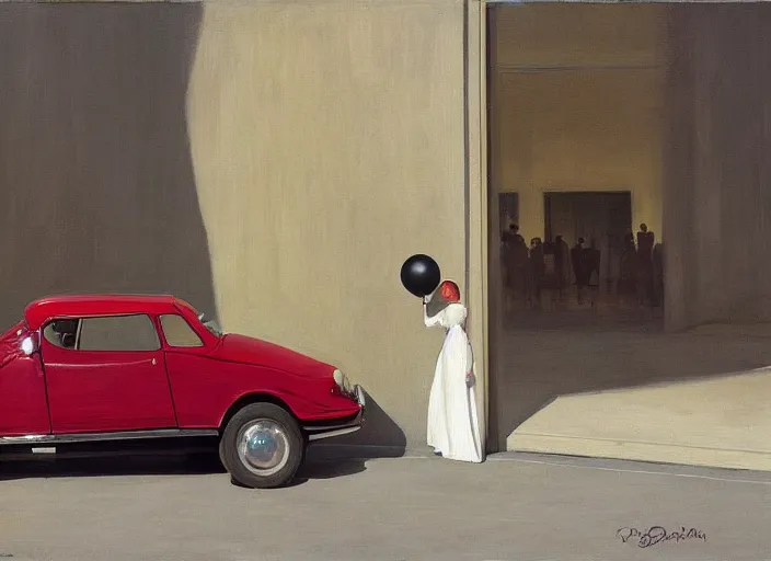 Image similar to A beauty woman with a black balloon stands at Citroën DS 19 in Rome , highly detailed, soft lighting, elegant, by Edward Hopper and James Gilleard, Zdzislaw Beksinski, Steven Outram, highly detailed