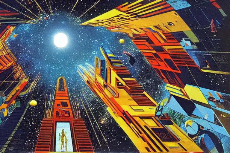 Prompt: 2001: A Space Odyssey. Subject is coherent, geometric shapes in a variety of colors by Patrick Woodroffe, dynamic, artificial