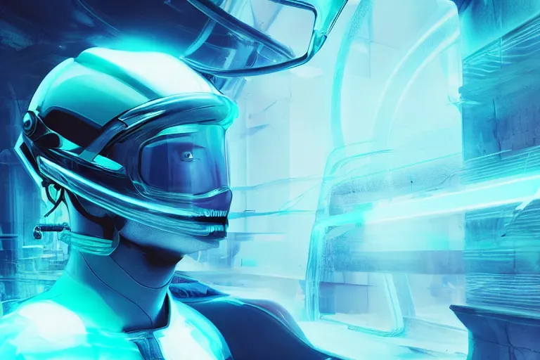 Image similar to futuristic translucent fluid aquamarine cyber helmet visor, intricate, glowing, eyecandy, colorful, 3 d, octane render, photorealistic, modern, warp,