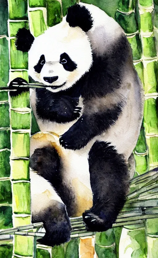 Image similar to a watercolor painting of a panda eating bamboo, dynamic lighting, photorealistic, ambient lighting, atmospherical, stunning visuals, trending on art station