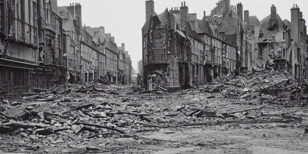 Image similar to “ a photo of the street of saint - malo destroyed after the bombing in 1 9 4 5 ”