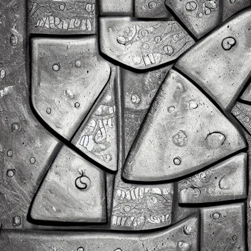 Image similar to 2 d illustration of ancient technology artifact made of steel and stone, with glow on some of its parts, monochromatic background