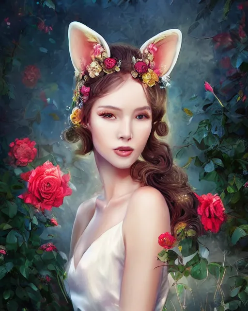 Prompt: a beautiful digital concept portrait of a beautiful woman with fox ears, wearing a long silk dress with roses, by stanley artgerm lau wolp ross draws lerapi and skimichan