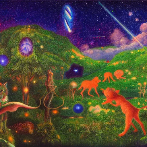 Prompt: psychedelic small cats hidden lush pine forest, outer space, milky way, designed by arnold bocklin, jules bastien - lepage, tarsila do amaral, wayne barlowe and gustave baumann, cheval michael, trending on artstation, star, sharp focus, colorful refracted sparkles and lines, soft light, 8 k 4 k