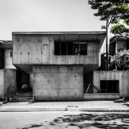 Prompt: exterior shot of a brutalist concrete house in the middle of a busy asian market