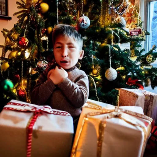 Prompt: a kid at christmas disappointed and sad looking a giant moai statue, his hands buried in his face, sitting down. | inside of a house next to a christmas tree, large opened present box next to the moai