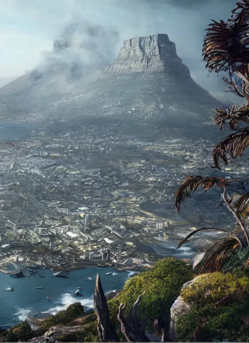 Prompt: chtulu attacking cape town city, table mountain, dense foliage beautiful details, strong composition by kim jung giu weta studio rutkowski, james gurney and greg rutkowski, and lucasfilm